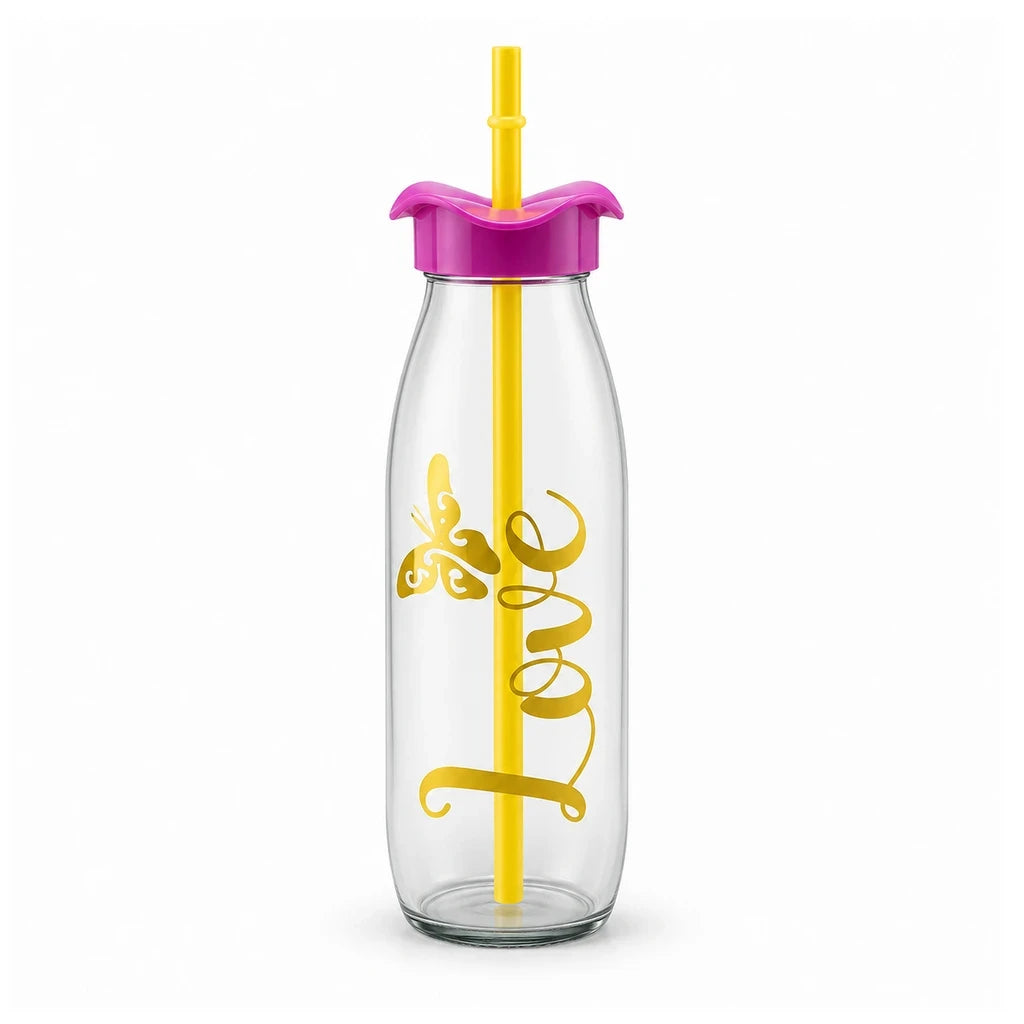 Kleeyo Golden Love Butterfly Glass Bottle, 500 ml