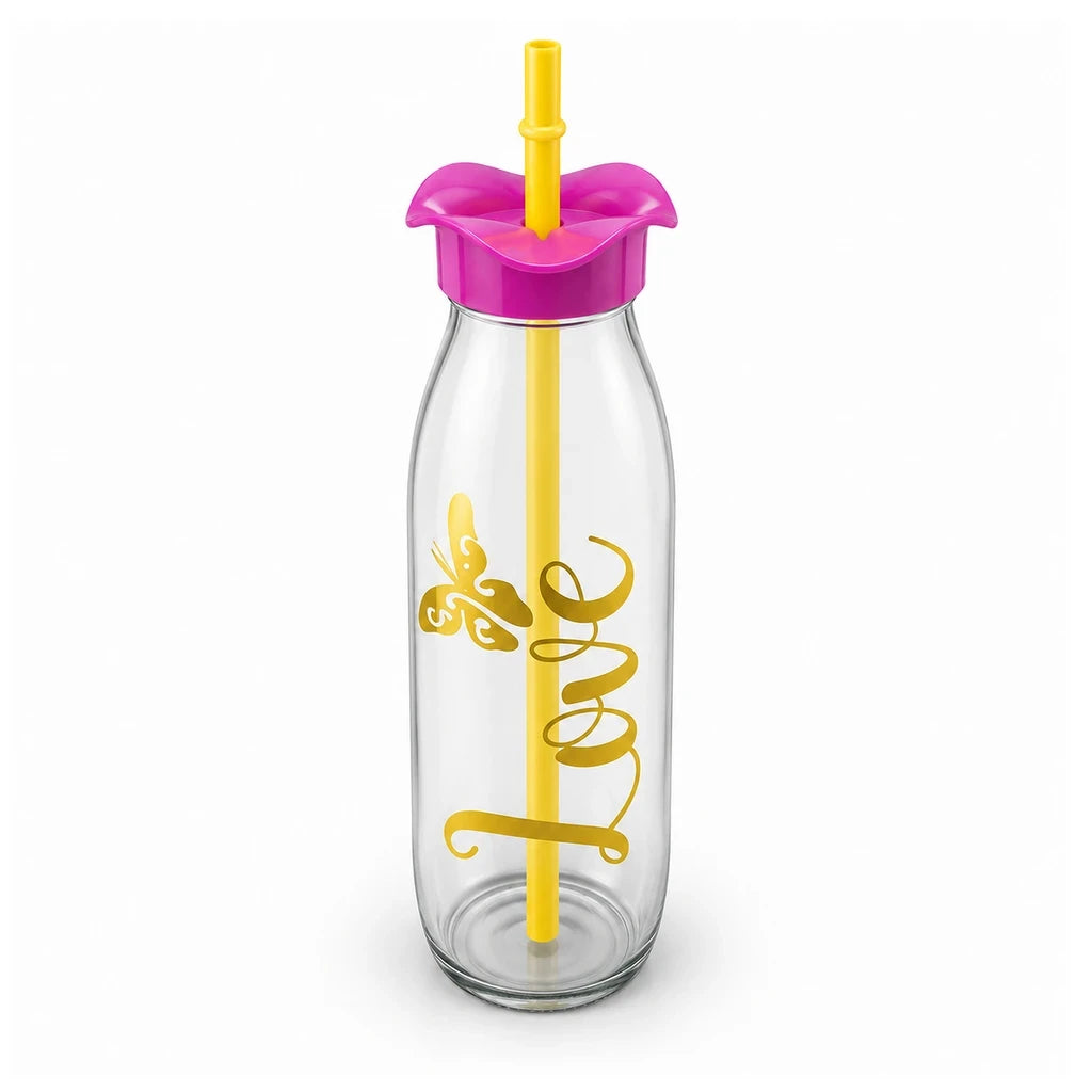 Kleeyo Golden Love Butterfly Glass Bottle, 500 ml