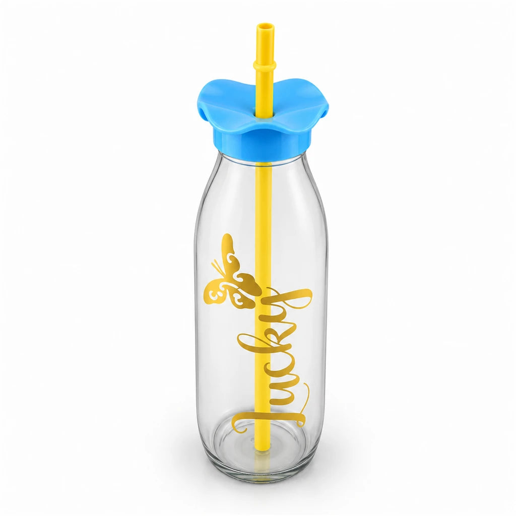 Kleeyo Golden Lucky Butterfly Glass Bottle, 500 ml