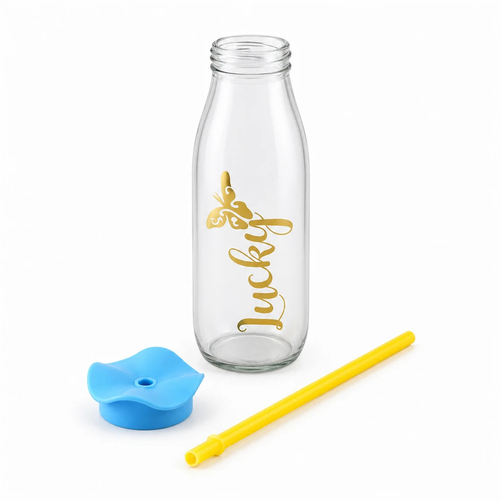 Kleeyo Golden Lucky Butterfly Glass Bottle, 500 ml
