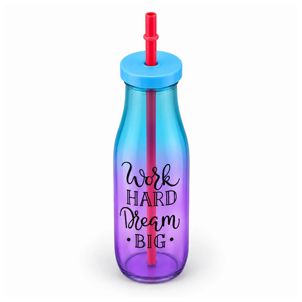 Kleeyo Blue-Purple Work Hard Dream Big Glass Bottle, 400 ml