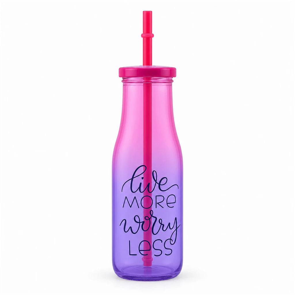 Kleeyo Pink-Purple Live More Worry Less Glass Bottle, 400 ml