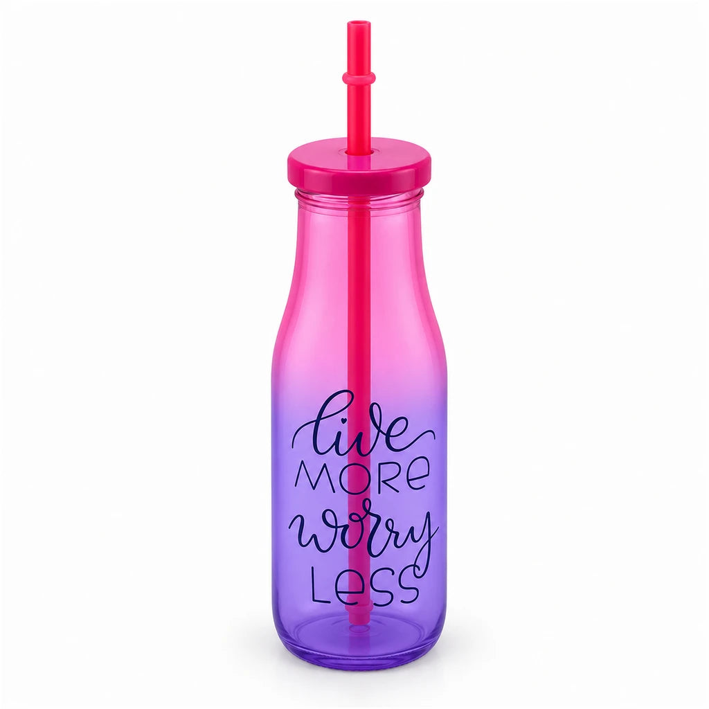 Kleeyo Pink-Purple Live More Worry Less Glass Bottle, 400 ml