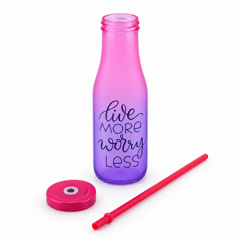Kleeyo Pink-Purple Live More Worry Less Glass Bottle, 400 ml