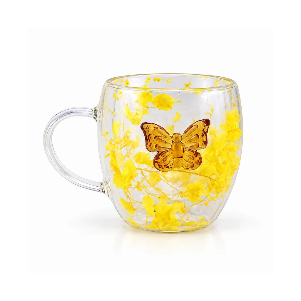 D.W.M Yellow Floral Butterfly Double-Wall Glass Mug, 400 ml