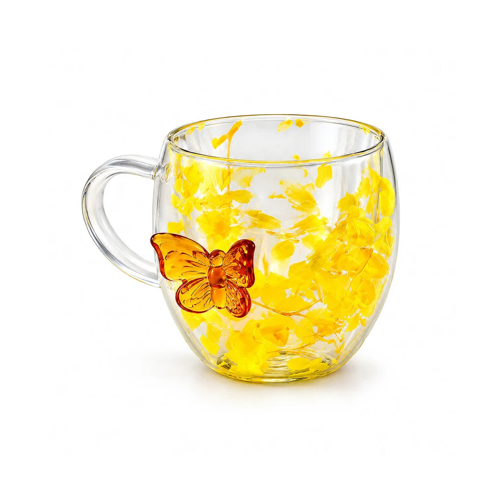 D.W.M Yellow Floral Butterfly Double-Wall Glass Mug, 400 ml