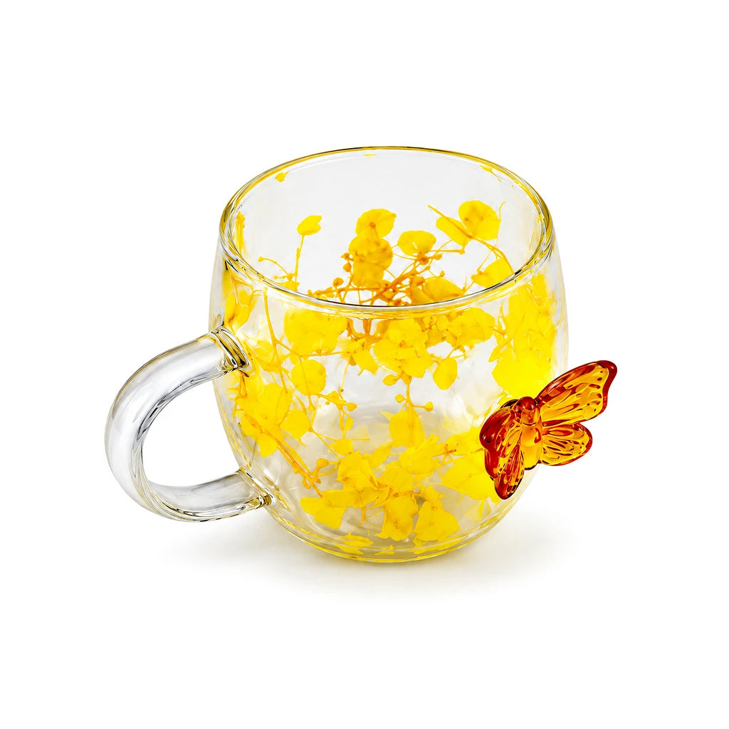 D.W.M Yellow Floral Butterfly Double-Wall Glass Mug, 400 ml