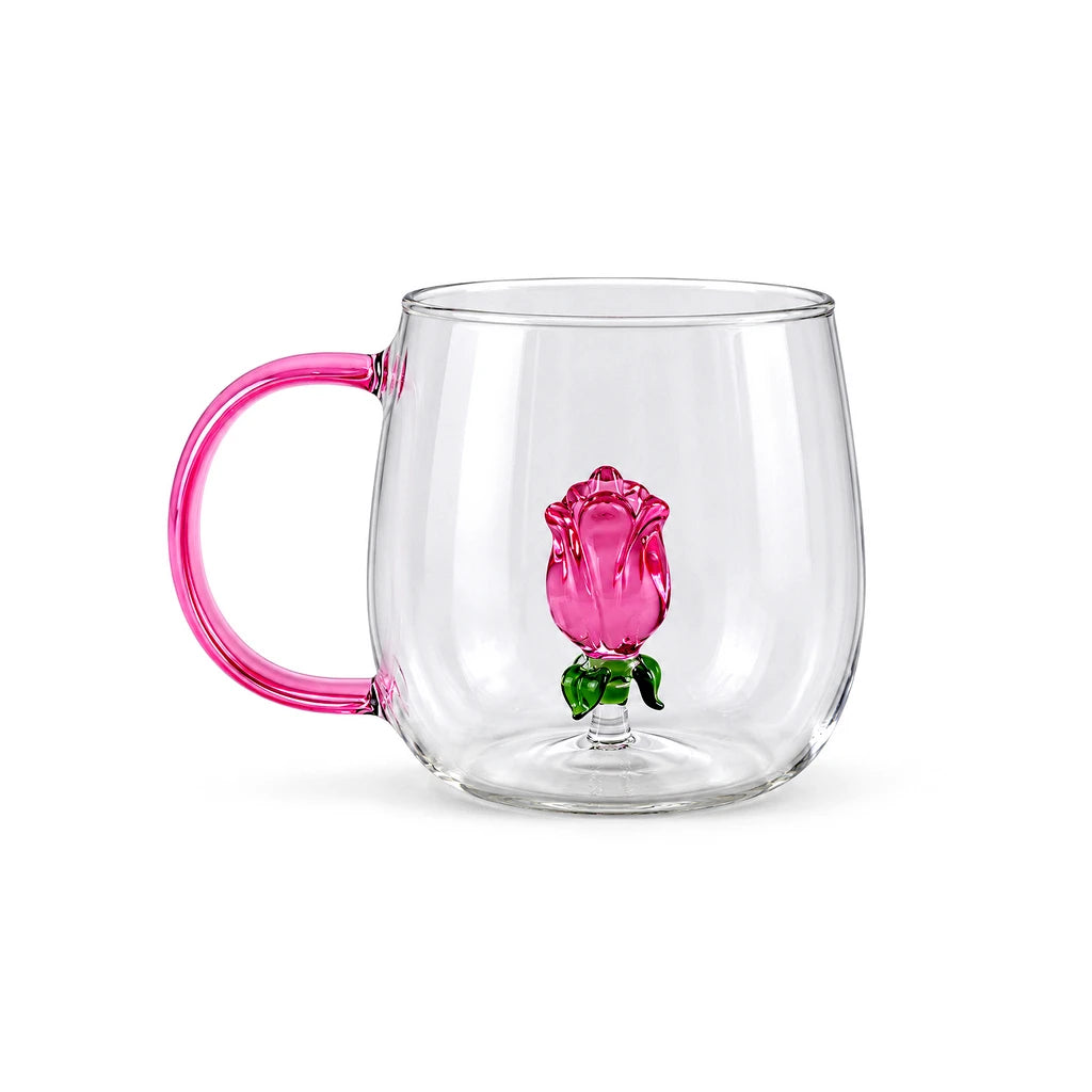 D.W.M Pink Rose Glass Mug with Pink Handle, 400 ml