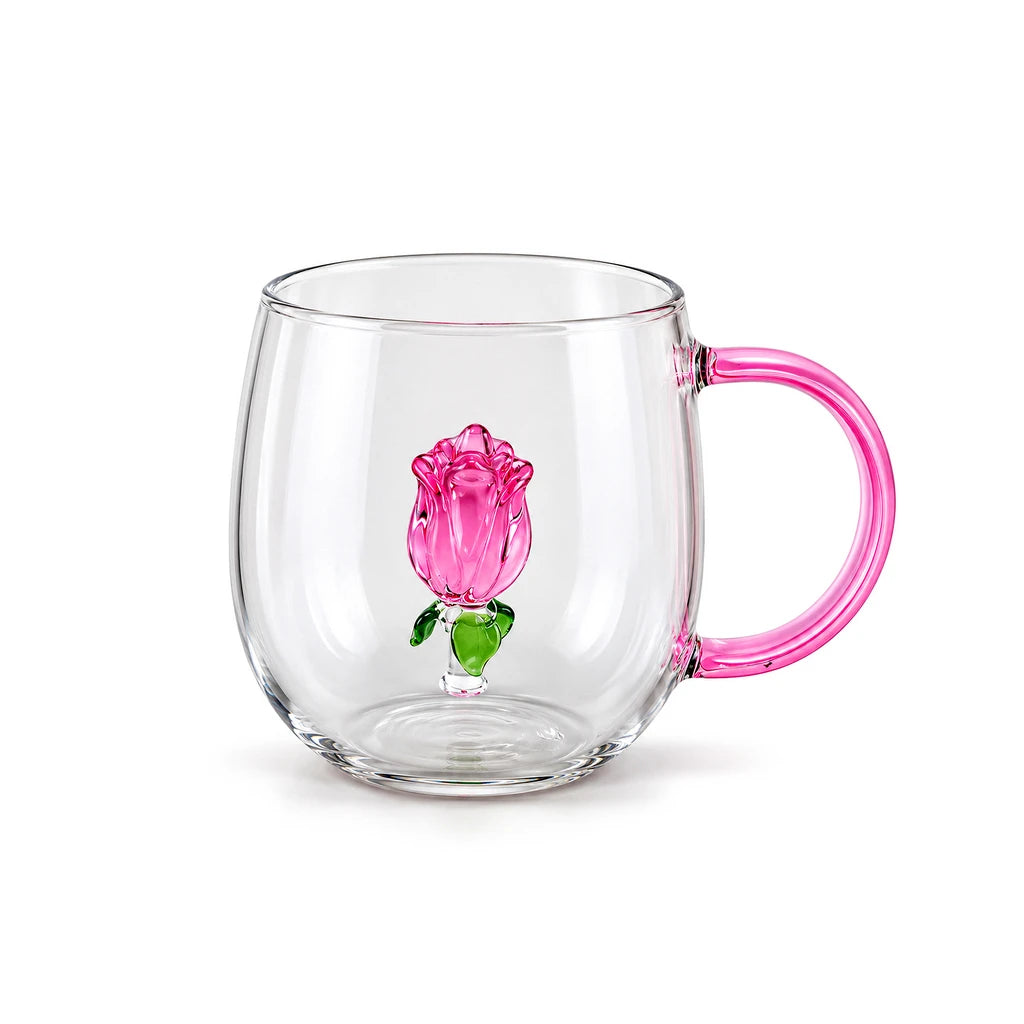 D.W.M Pink Rose Glass Mug with Pink Handle, 400 ml