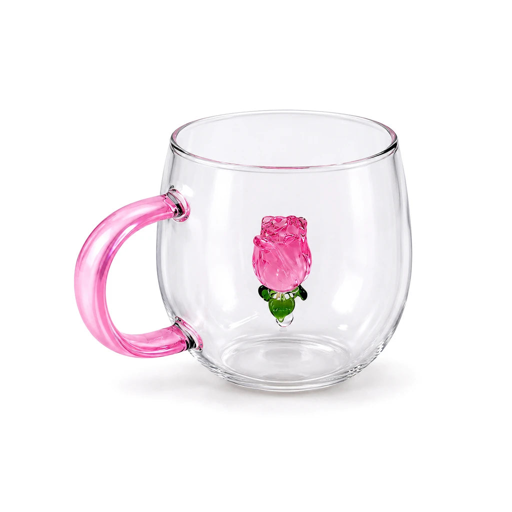 D.W.M Pink Rose Glass Mug with Pink Handle, 400 ml