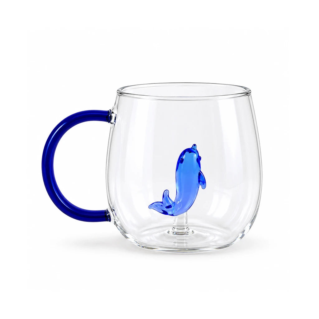 D.W.M Blue Dolphin Glass Mug with Blue Handle, 400 ml