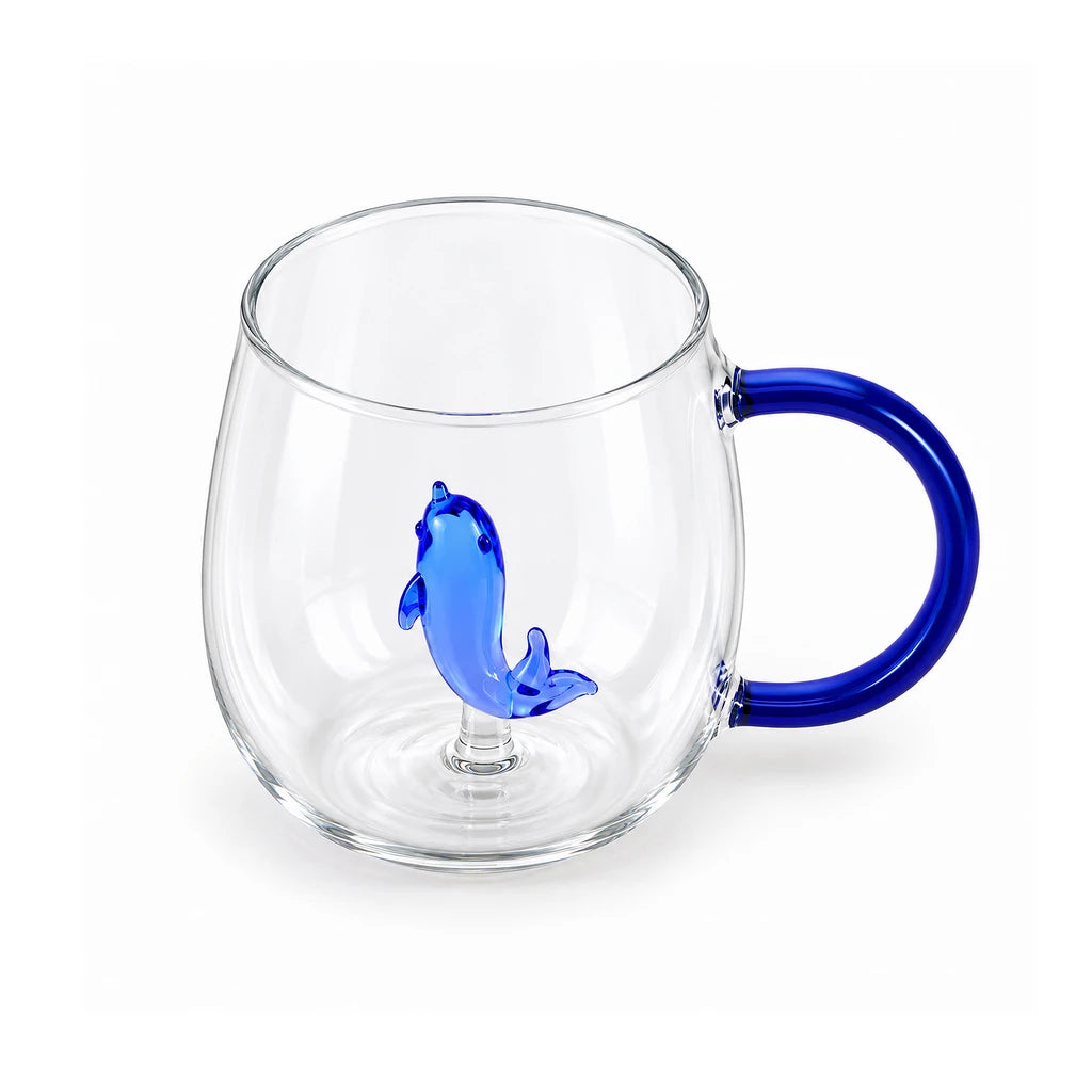 D.W.M Blue Dolphin Glass Mug with Blue Handle, 400 ml