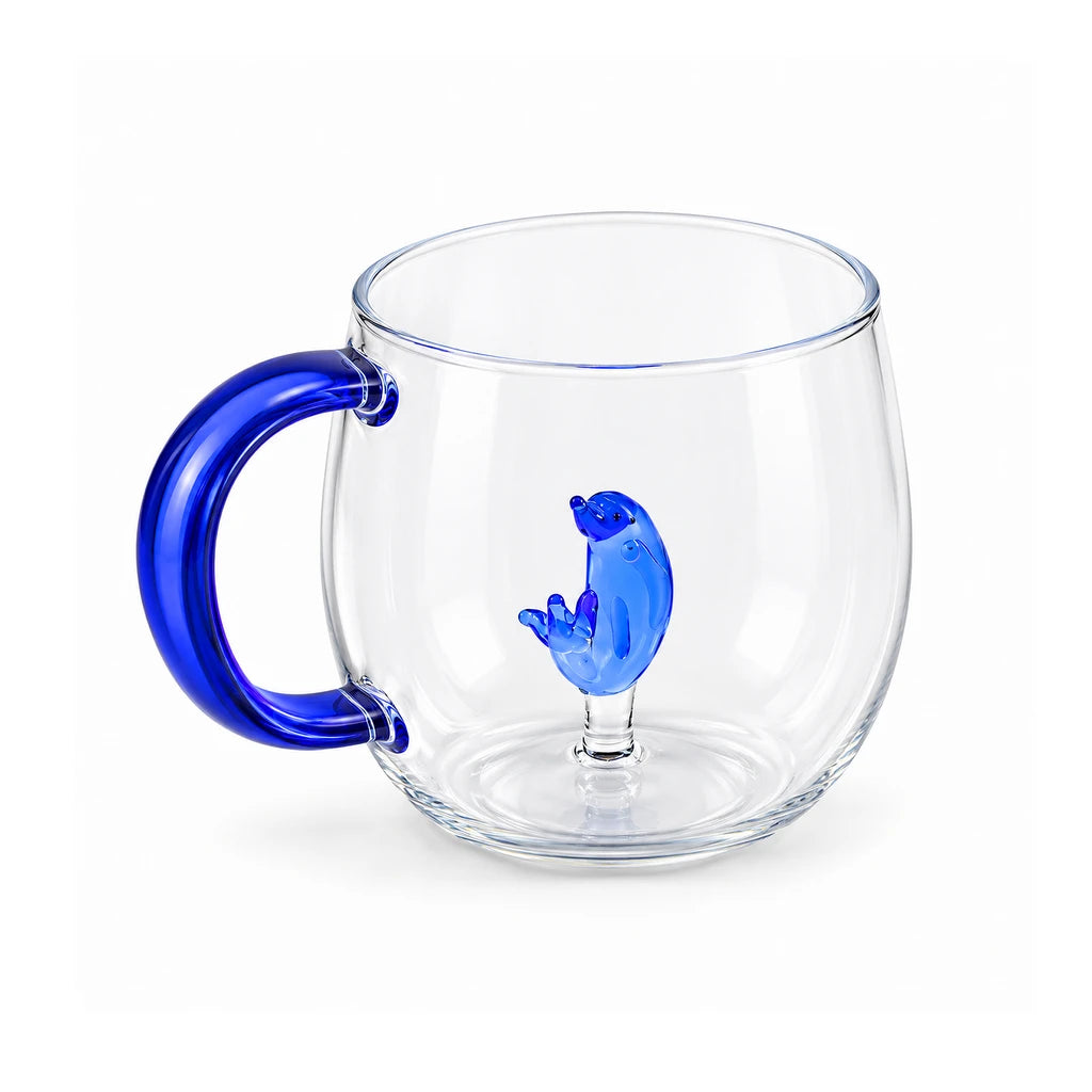D.W.M Blue Dolphin Glass Mug with Blue Handle, 400 ml