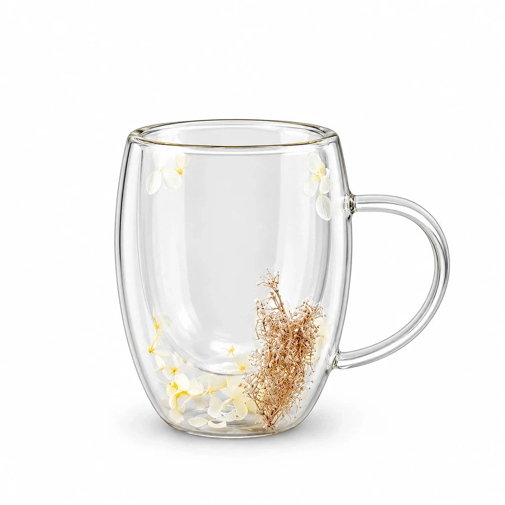 D.W.M Ivory Blossom & Beige Sprig Double-Wall Glass Mug, 350 ml