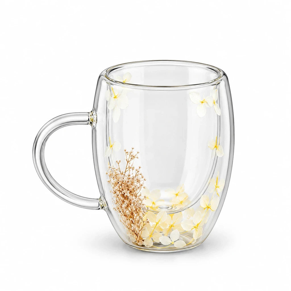 D.W.M Ivory Blossom & Beige Sprig Double-Wall Glass Mug, 350 ml