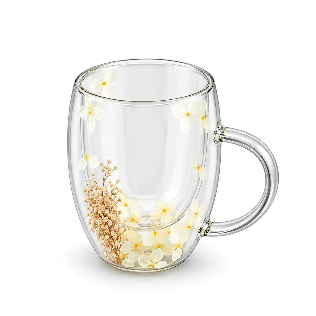 D.W.M Ivory Blossom & Beige Sprig Double-Wall Glass Mug, 350 ml