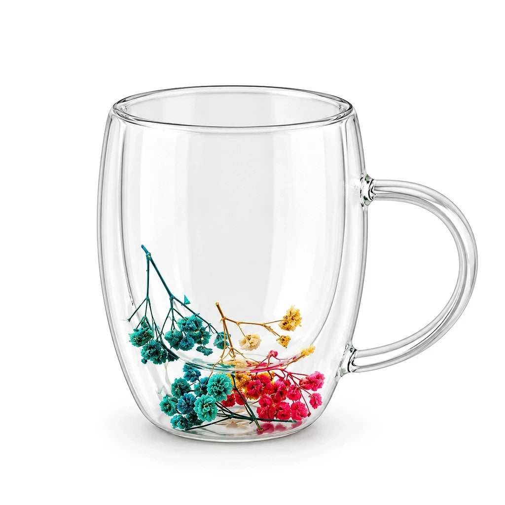 D.W.M Teal, Yellow & Pink Bouquet Double-Wall Glass Mug, 350 ml