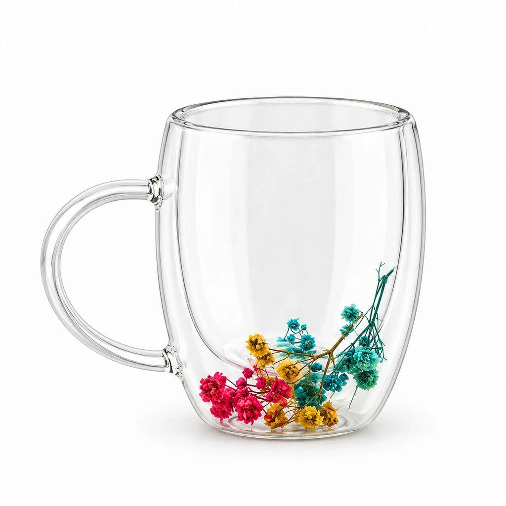 D.W.M Teal, Yellow & Pink Bouquet Double-Wall Glass Mug, 350 ml