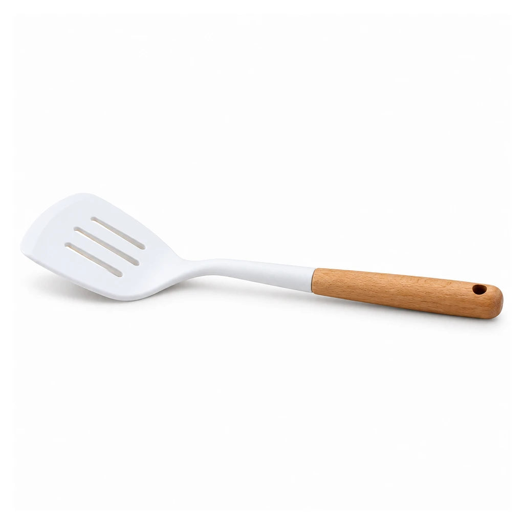 BEST White Slotted Silicone Turner with Wooden Handle, 13 Inch