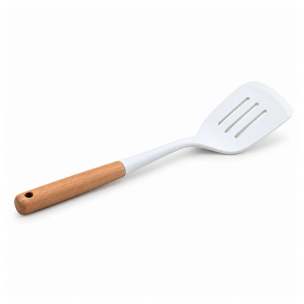 BEST White Slotted Silicone Turner with Wooden Handle, 13 Inch