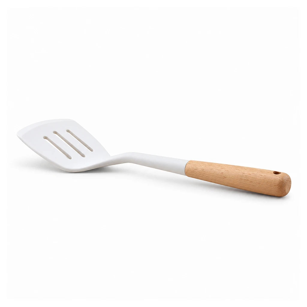 BEST White Slotted Silicone Turner with Wooden Handle, 13 Inch