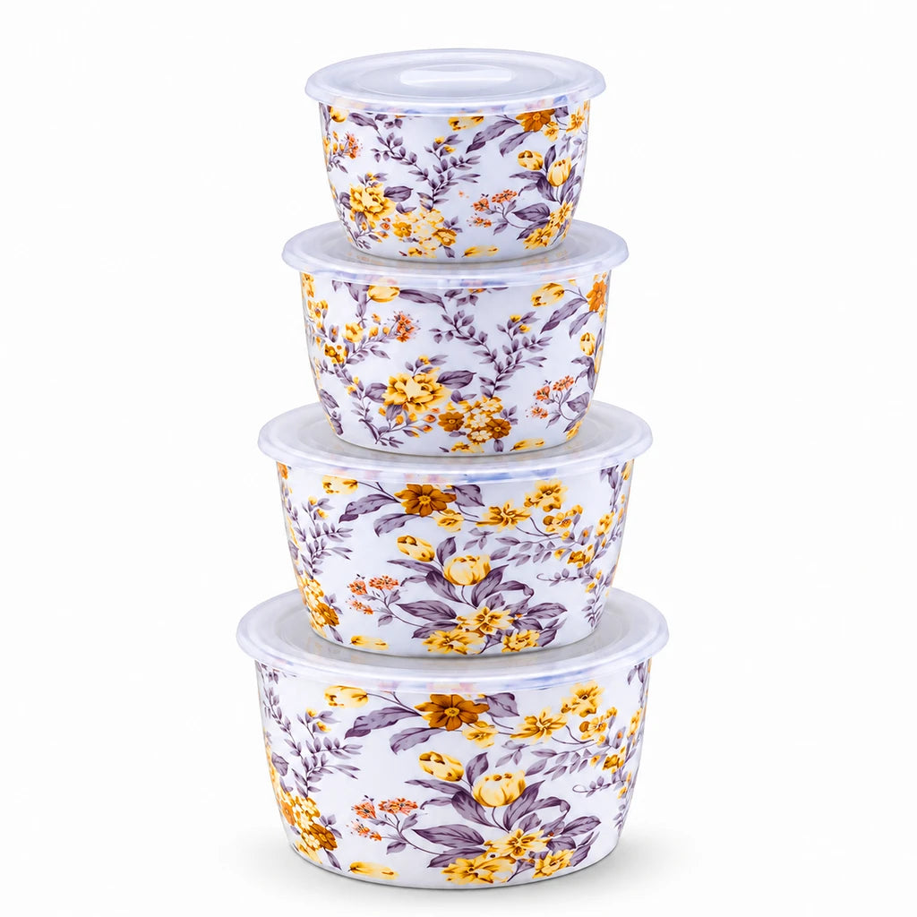 Lotus Golden Meadow Ceramic Bowl Set with Lids, 4 Bowls
