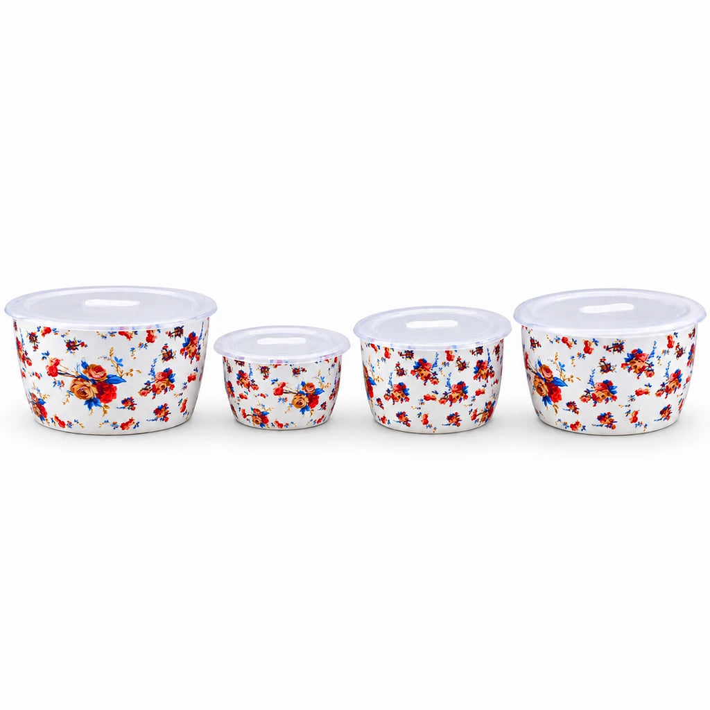 Lotus Rose Bouquet Ceramic Bowl Set with Lids, 4 Bowls