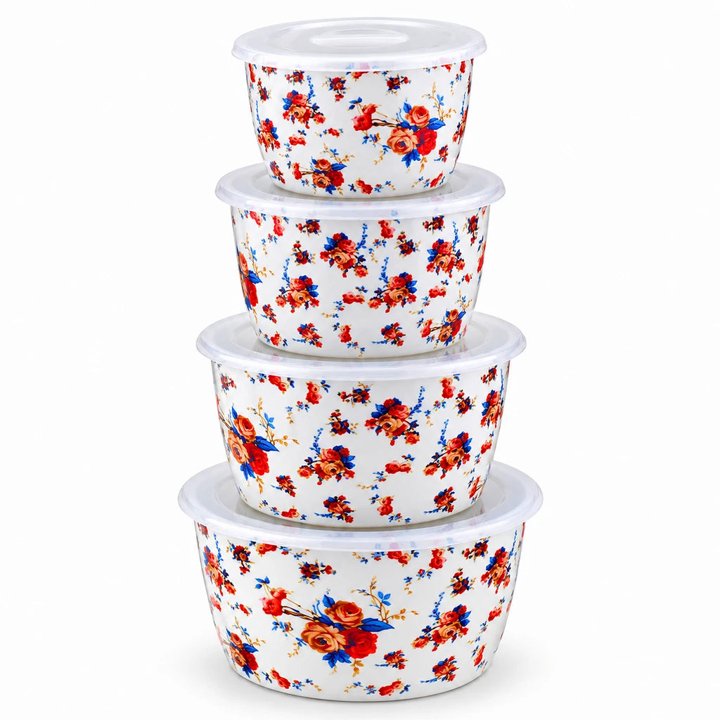 Lotus Rose Bouquet Ceramic Bowl Set with Lids, 4 Bowls