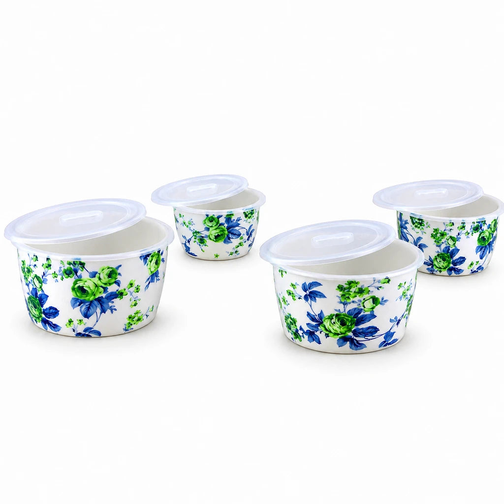 Lotus Green Rose Ceramic Bowl Set with Lids, 4 Bowls