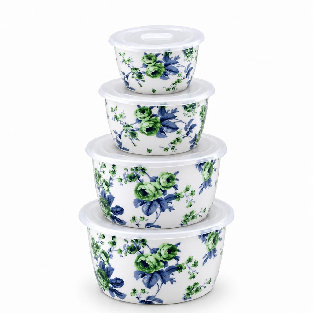 Lotus Green Rose Ceramic Bowl Set with Lids, 4 Bowls