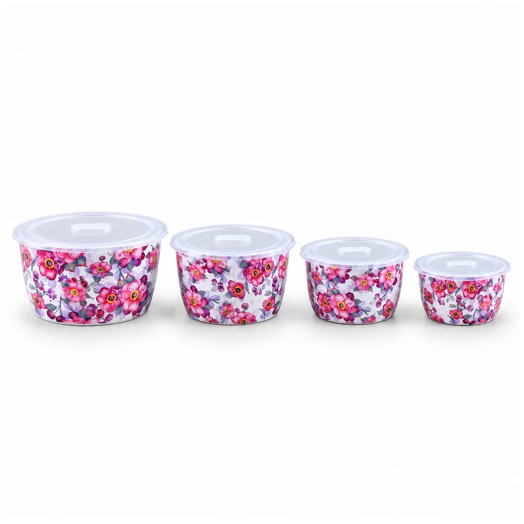 Lotus Pink Blossom Ceramic Bowl Set with Lids, 4 Bowls