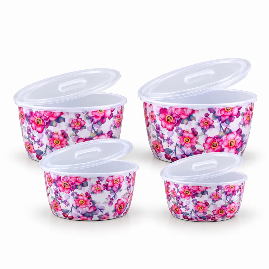 Lotus Pink Blossom Ceramic Bowl Set with Lids, 4 Bowls
