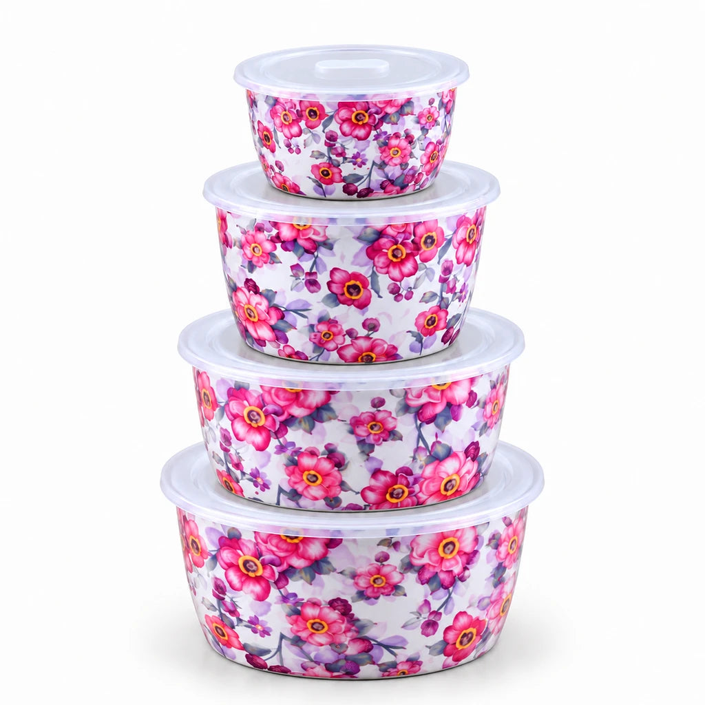 Lotus Pink Blossom Ceramic Bowl Set with Lids, 4 Bowls