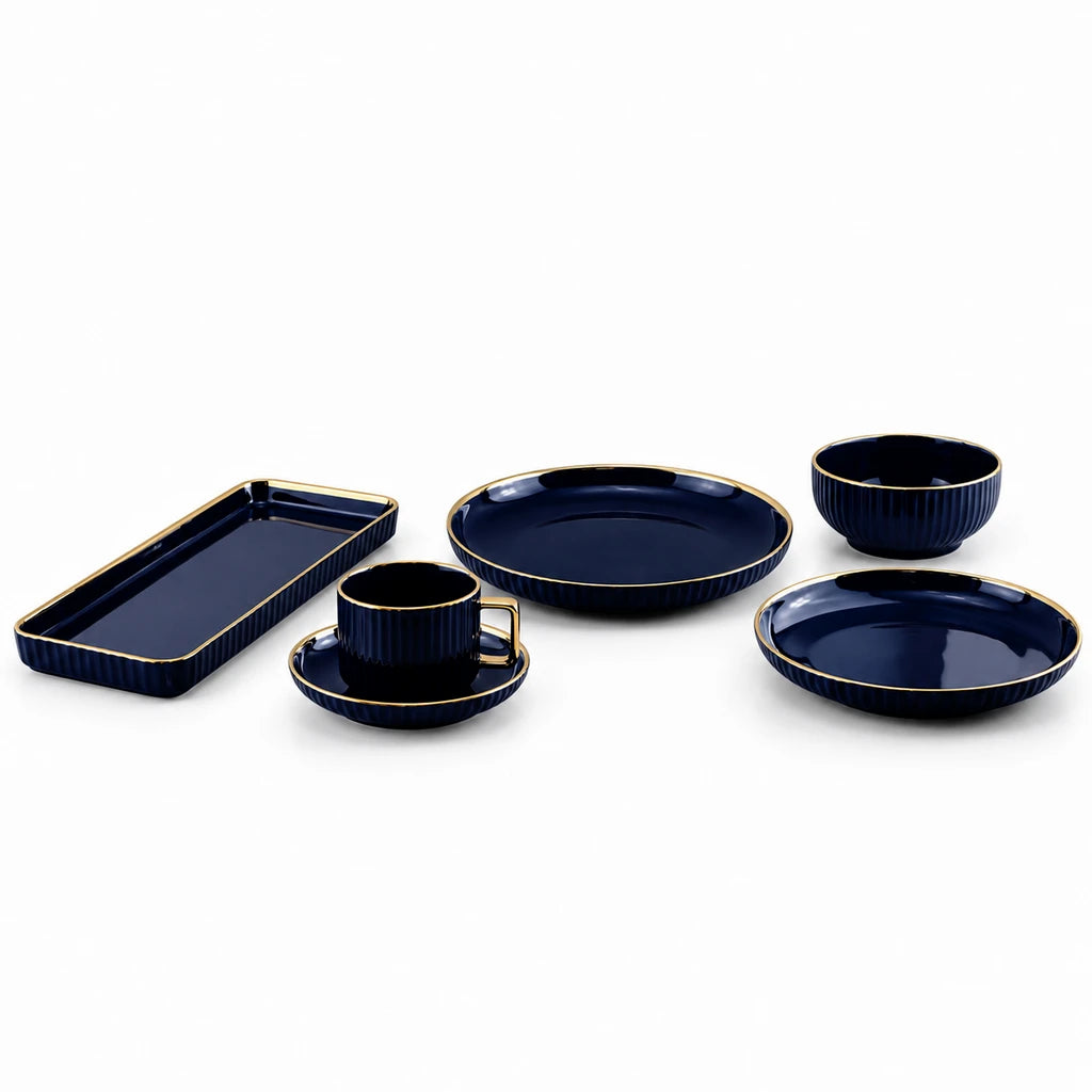 B/C Black & Gold Fluted Ceramic Breakfast Set, 32 Pieces