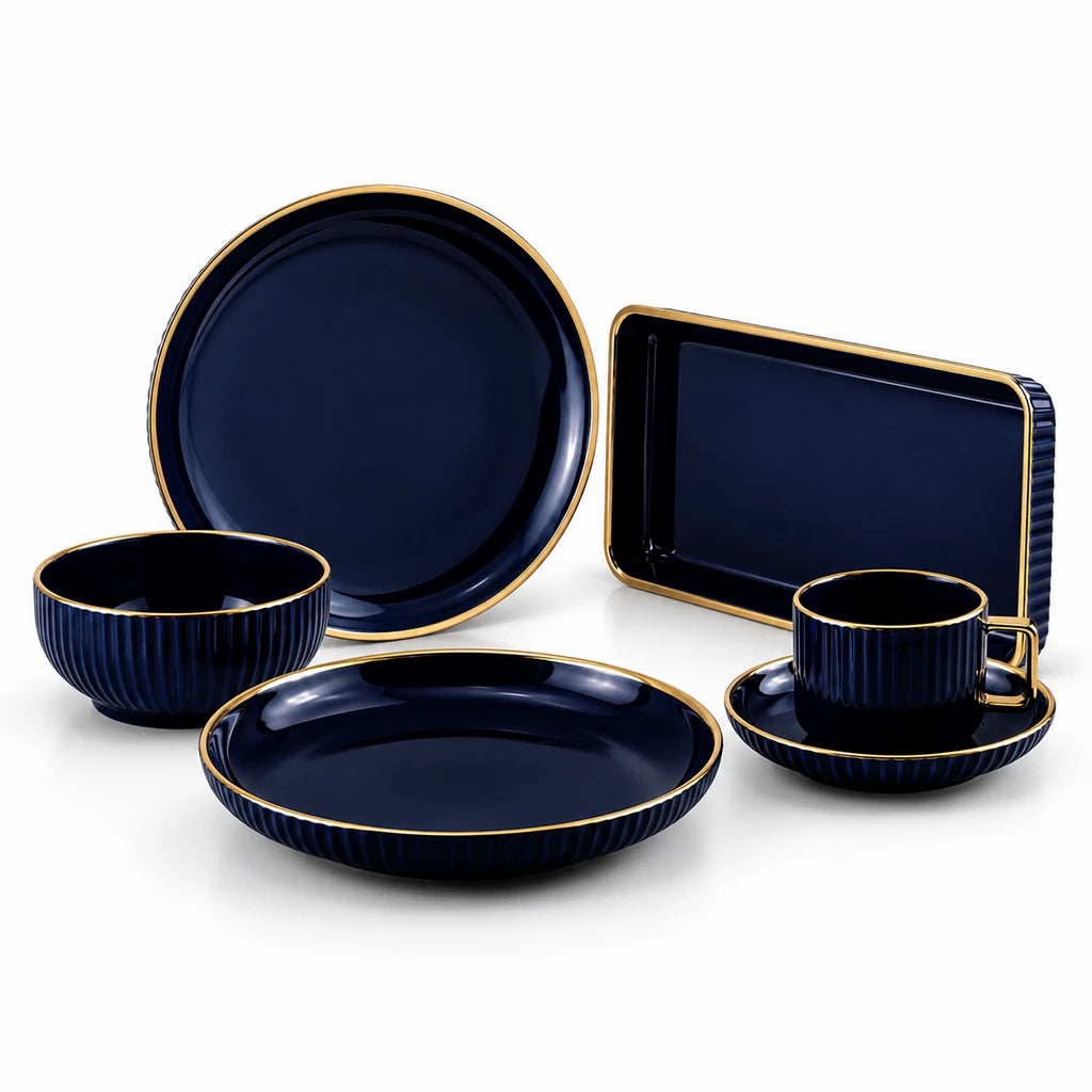 B/C Black & Gold Fluted Ceramic Breakfast Set, 32 Pieces