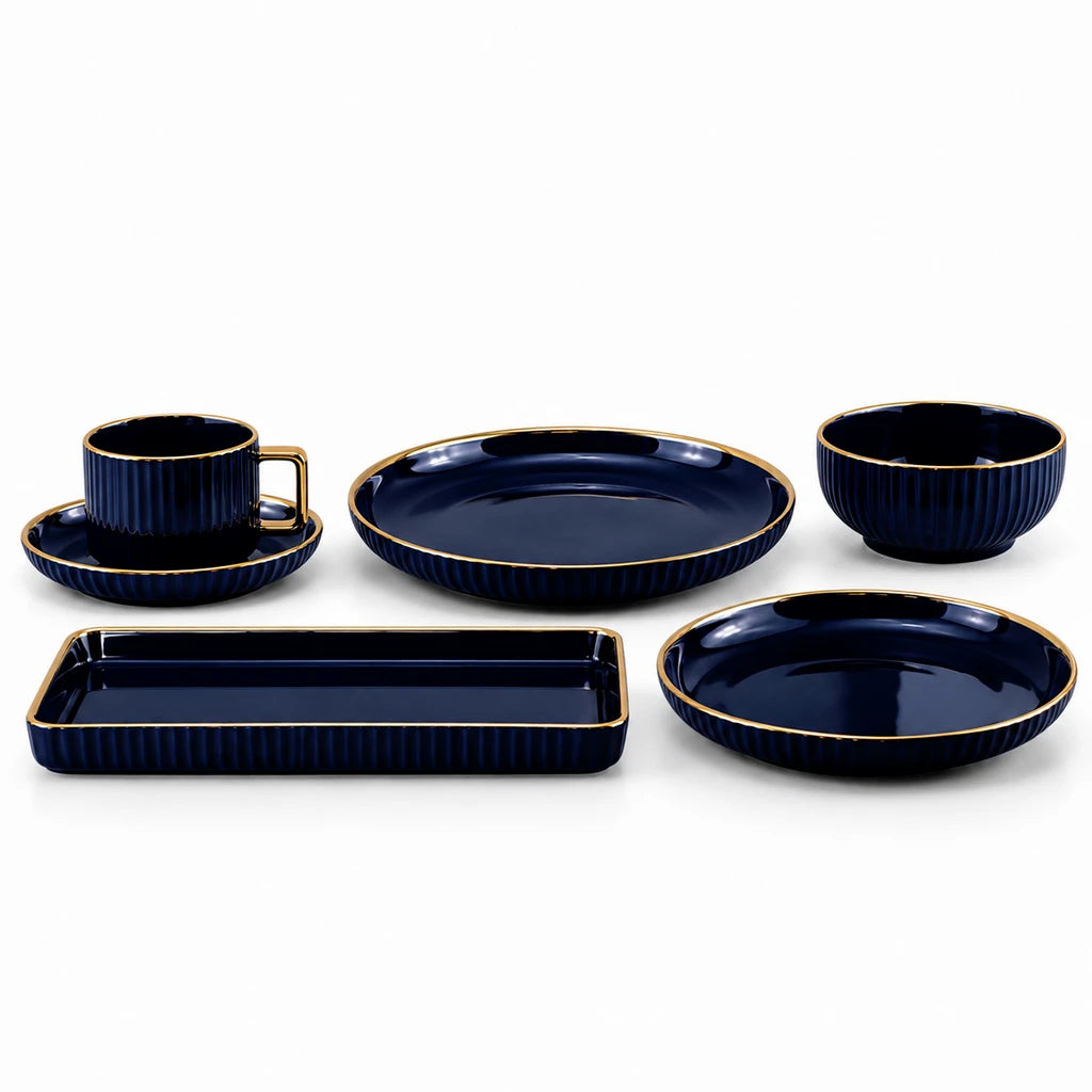 B/C Black & Gold Fluted Ceramic Breakfast Set, 32 Pieces