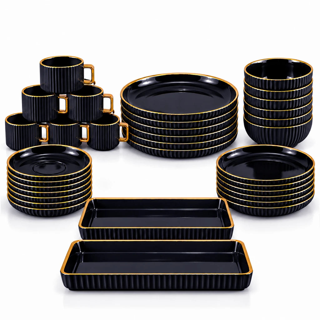 B/C Black & Gold Fluted Ceramic Breakfast Set, 32 Pieces