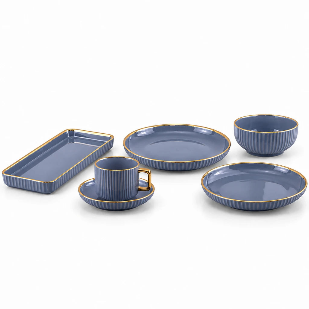 B/C Grey & Gold Fluted Ceramic Breakfast Set, 32 Pieces