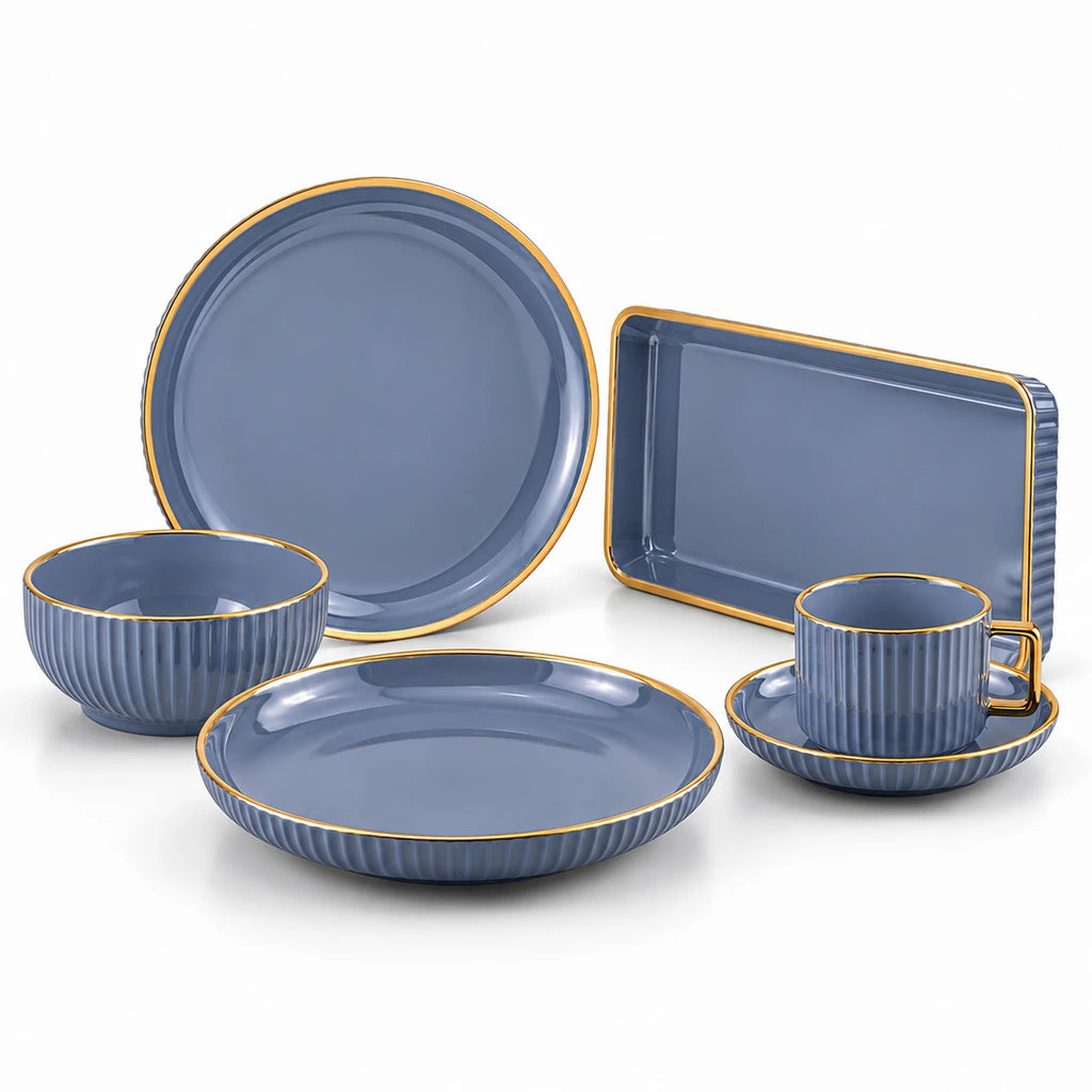 B/C Grey & Gold Fluted Ceramic Breakfast Set, 32 Pieces