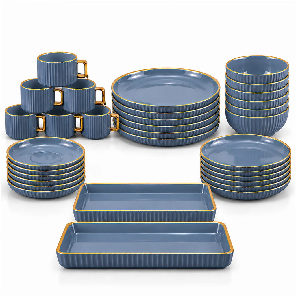 B/C Grey & Gold Fluted Ceramic Breakfast Set, 32 Pieces
