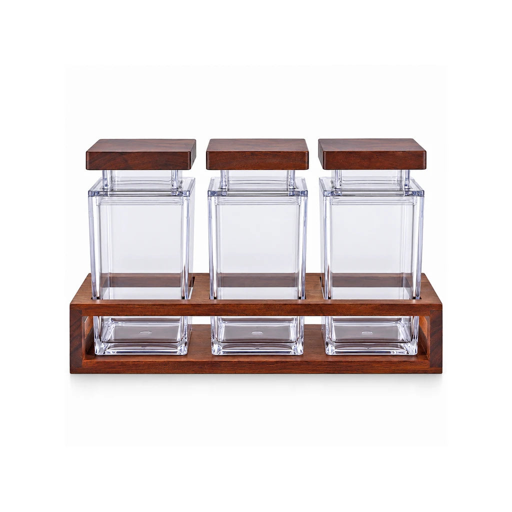 Acryl Square Acrylic Spice Jar Set with Wooden Rack, 3 × 650 ml