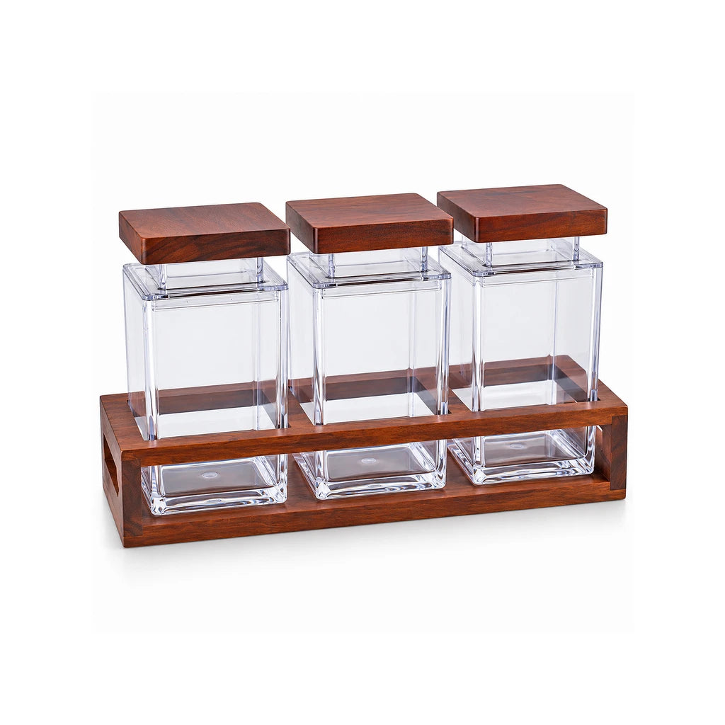 Acryl Square Acrylic Spice Jar Set with Wooden Rack, 3 × 650 ml