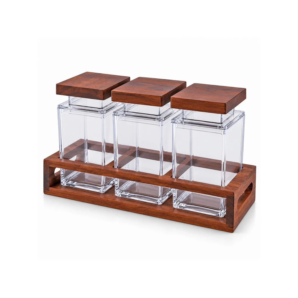 Acryl Square Acrylic Spice Jar Set with Wooden Rack, 3 × 650 ml