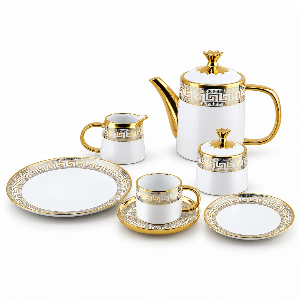 Royal White Greek Key Ceramic Tea Set, 24 Pieces for Six