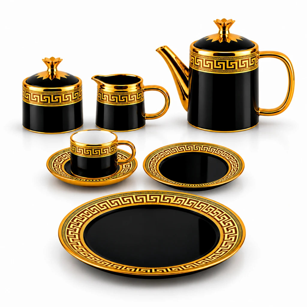 Royal Black Greek Key Ceramic Tea Set, 24 Pieces for Six