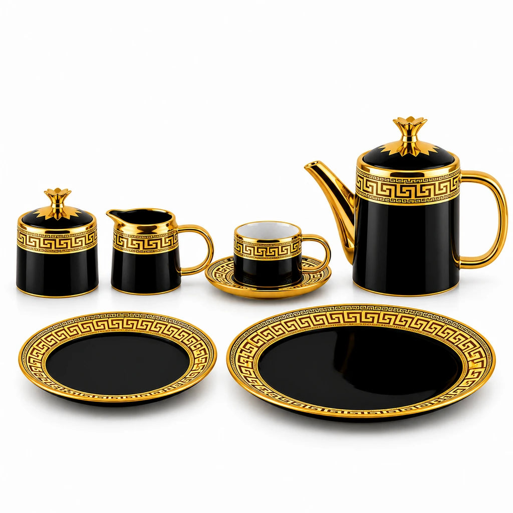 Royal Black Greek Key Ceramic Tea Set, 24 Pieces for Six