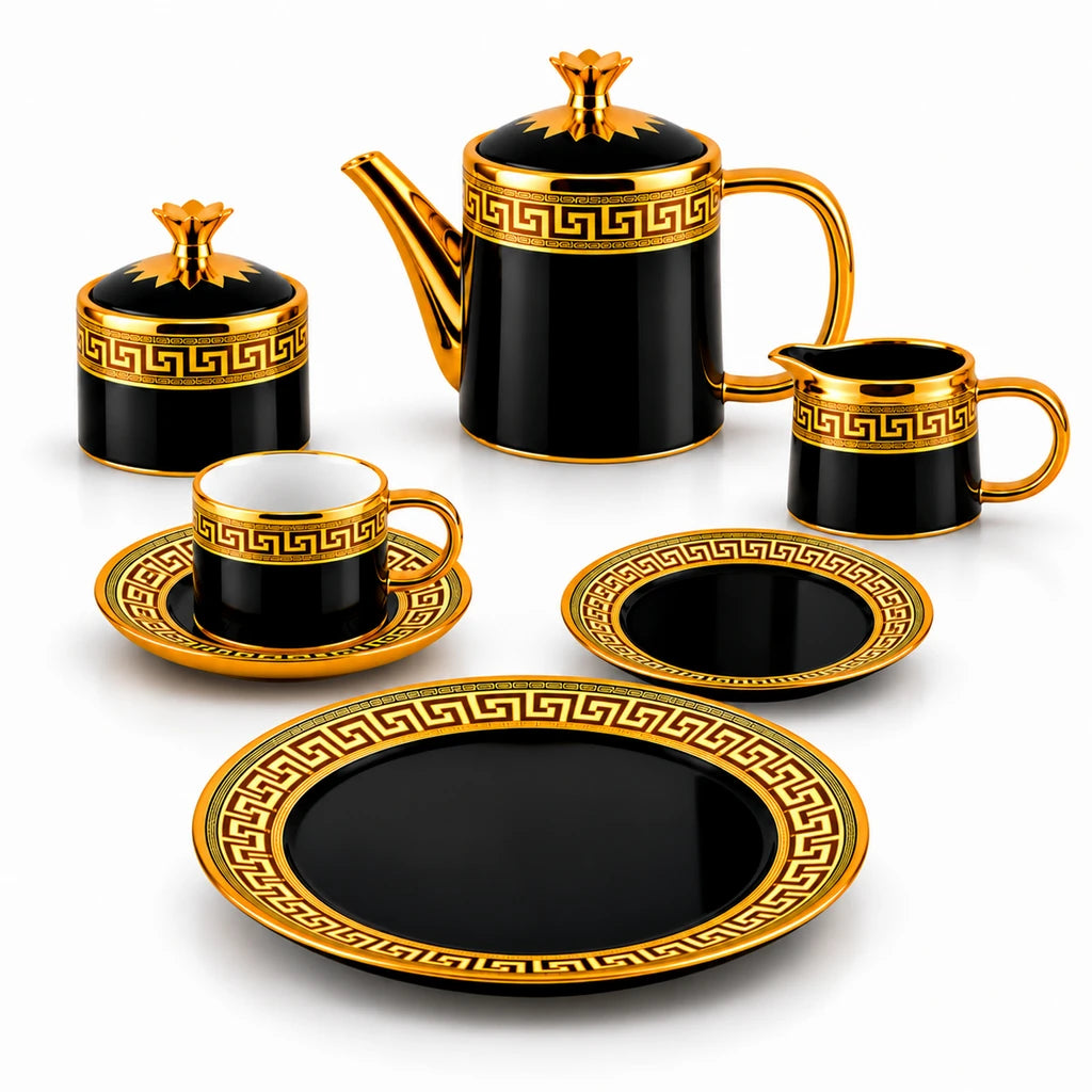 Royal Black Greek Key Ceramic Tea Set, 24 Pieces for Six