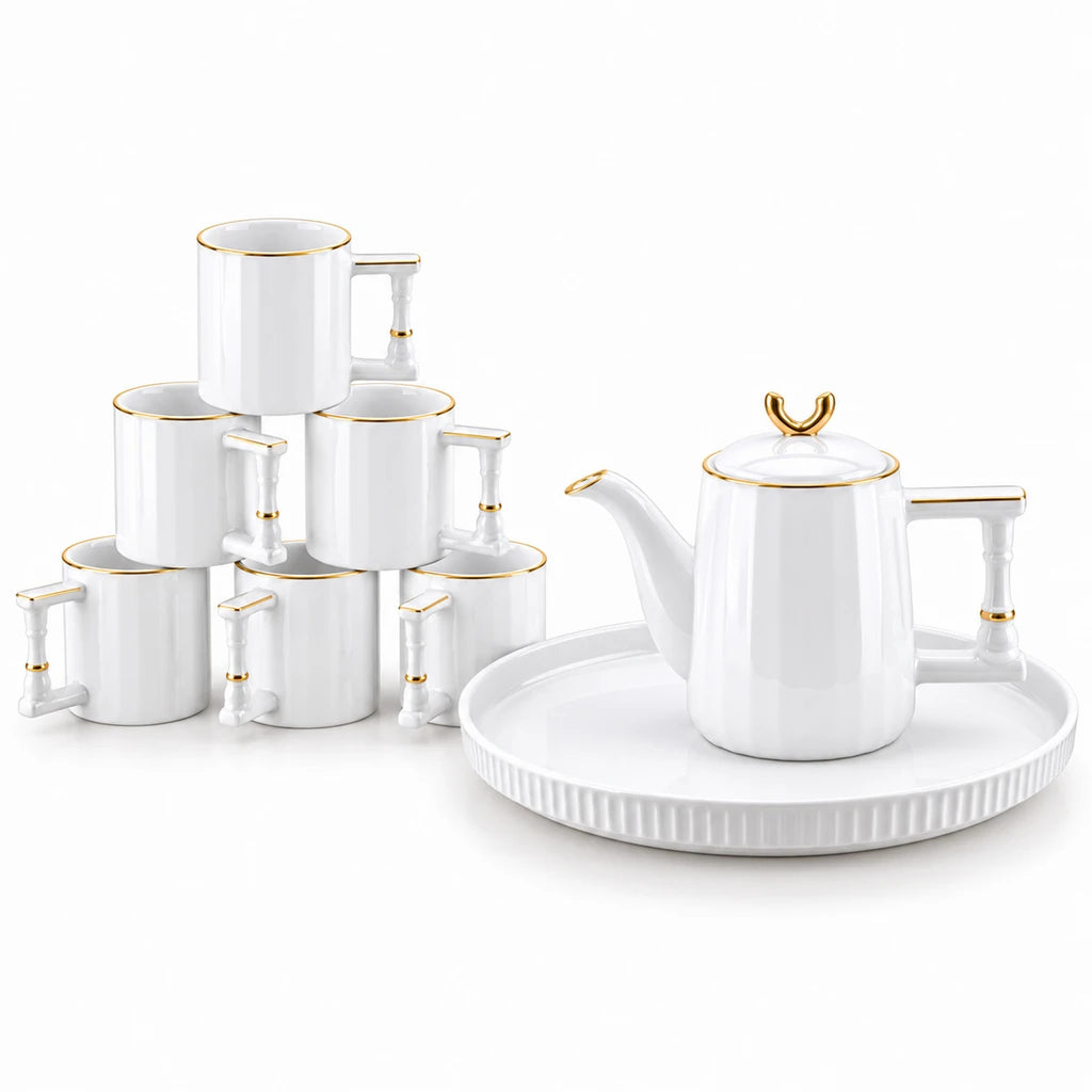 Royal White & Gold Ceramic Tea & Coffee Set, 8 Pieces