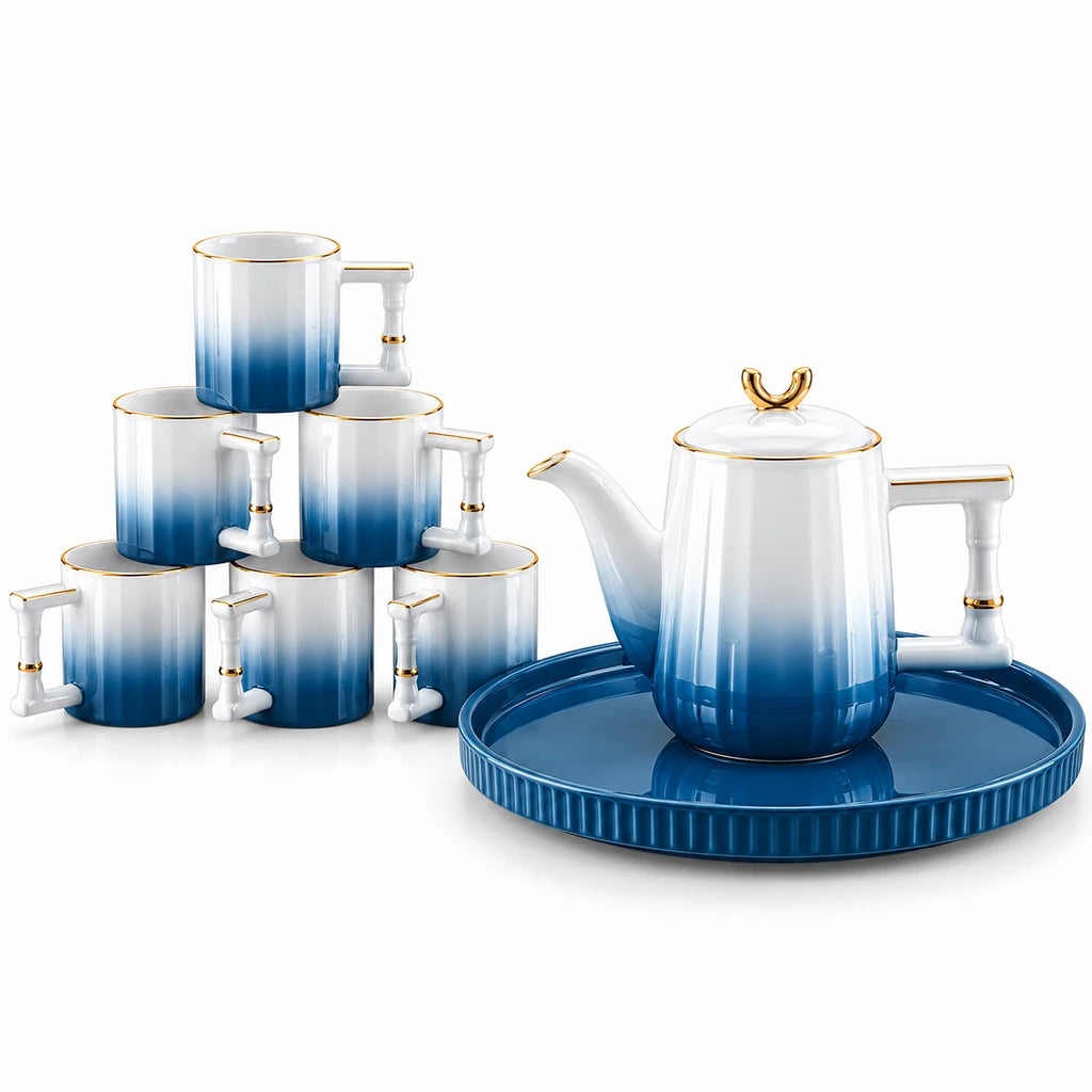 Royal Deep Blue Ombre Ceramic Tea & Coffee Set, 8 Pieces