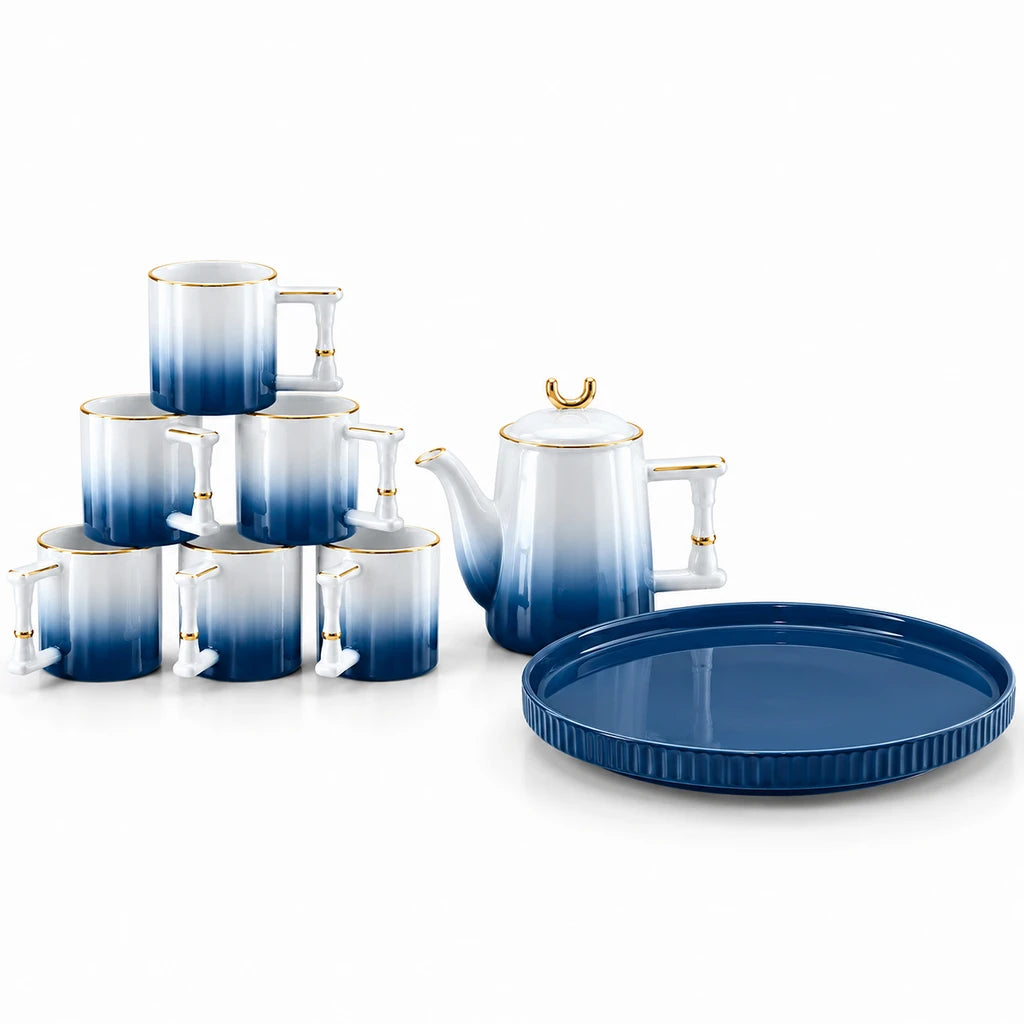 Royal Deep Blue Ombre Ceramic Tea & Coffee Set, 8 Pieces
